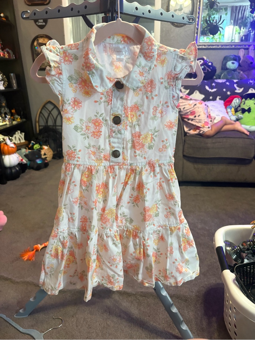 Girls Floral Button-Front Denim Dress - White with Peach Floral